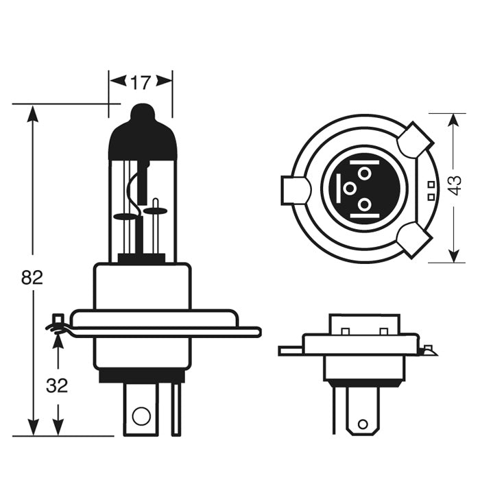 H4 (Quartz) Halogen Bulb Clear P43t